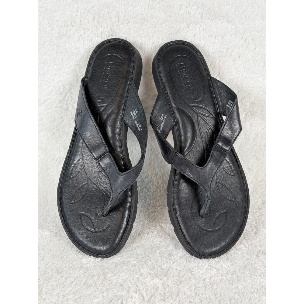 Born Thong Sandals Women 11 Black Leather Flip Flops F00203 Casual Comfort